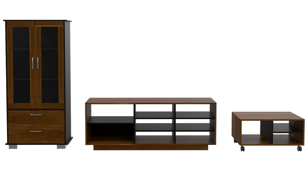 Rack TV + Vitrina + Mesa de Centro Color Caramelo y Wengue Para Sala De Estar